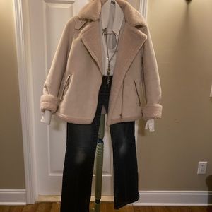 Buff pink brushed suede bomber jacket fully Sherpa lined.